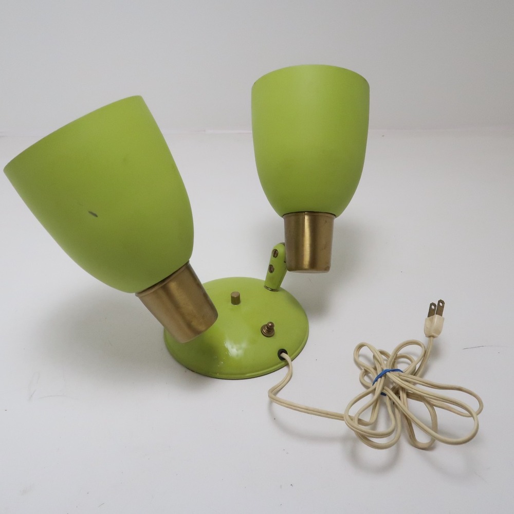 Vintage 60s Lime Green MCM Table Lamp Double Shade Metal Brass Italian design